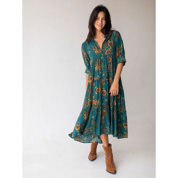 Natural Life Rebecca Midi Dress size XL Green  Teal Orange Clusters - Picture 1 of 12